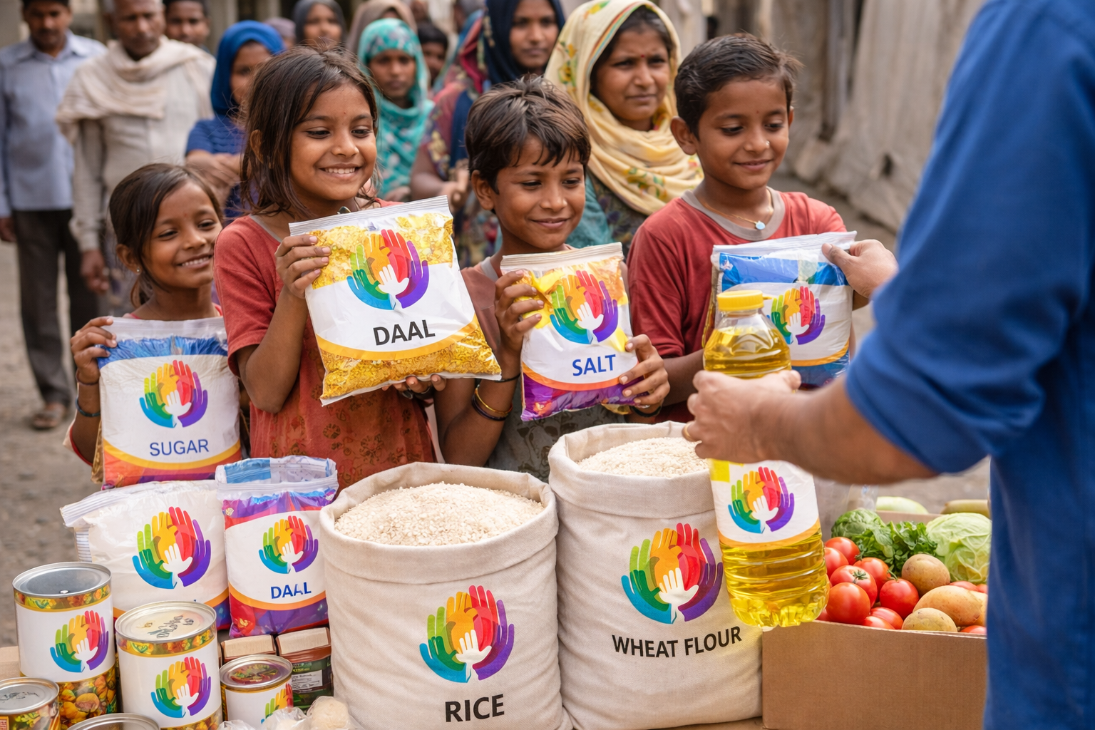 Children receiving meals at a community food distribution event